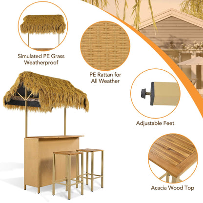Alora 3-Piece Hawaiian Bar-Height Patio Set with Grass Canopy and Stools