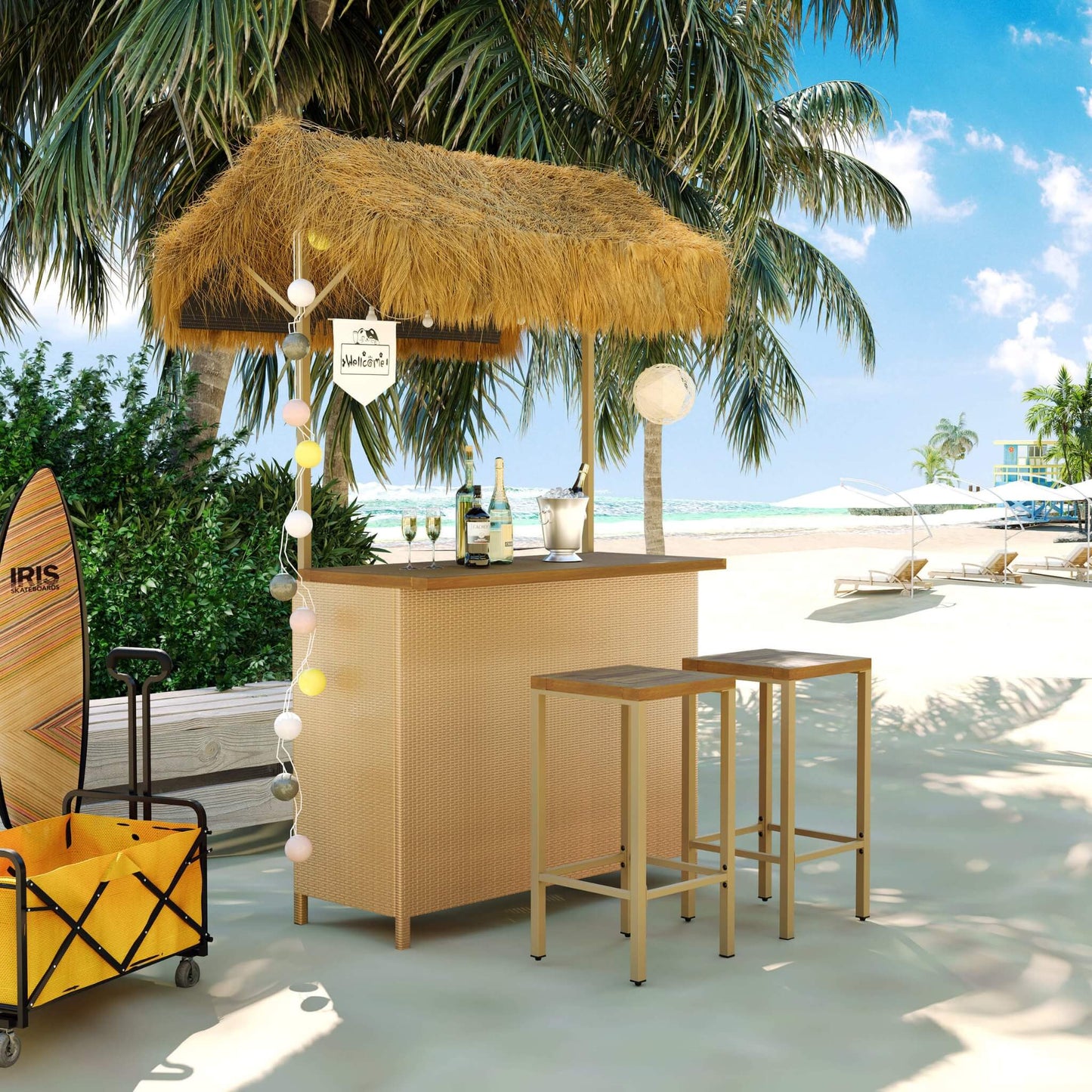Alora 3-Piece Hawaiian Bar-Height Patio Set with Grass Canopy and Stools