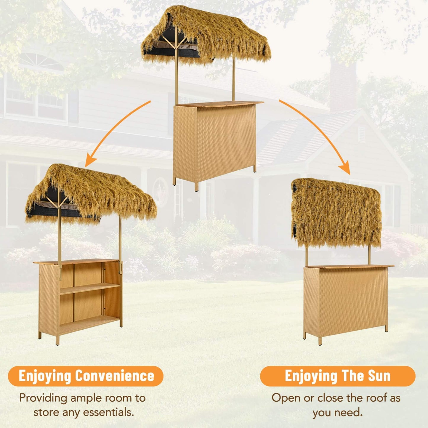 Alora 3-Piece Hawaiian Bar-Height Patio Set with Grass Canopy and Stools