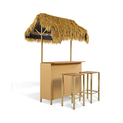 Alora 3-Piece Hawaiian Bar-Height Patio Set with Grass Canopy and Stools
