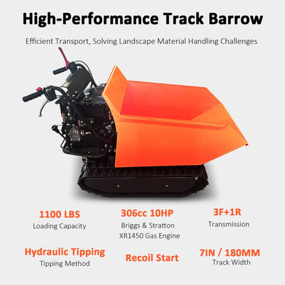 Heavy-Duty 1100LBS 10HP Gas-Powered Track Barrow with Hydraulic Assist