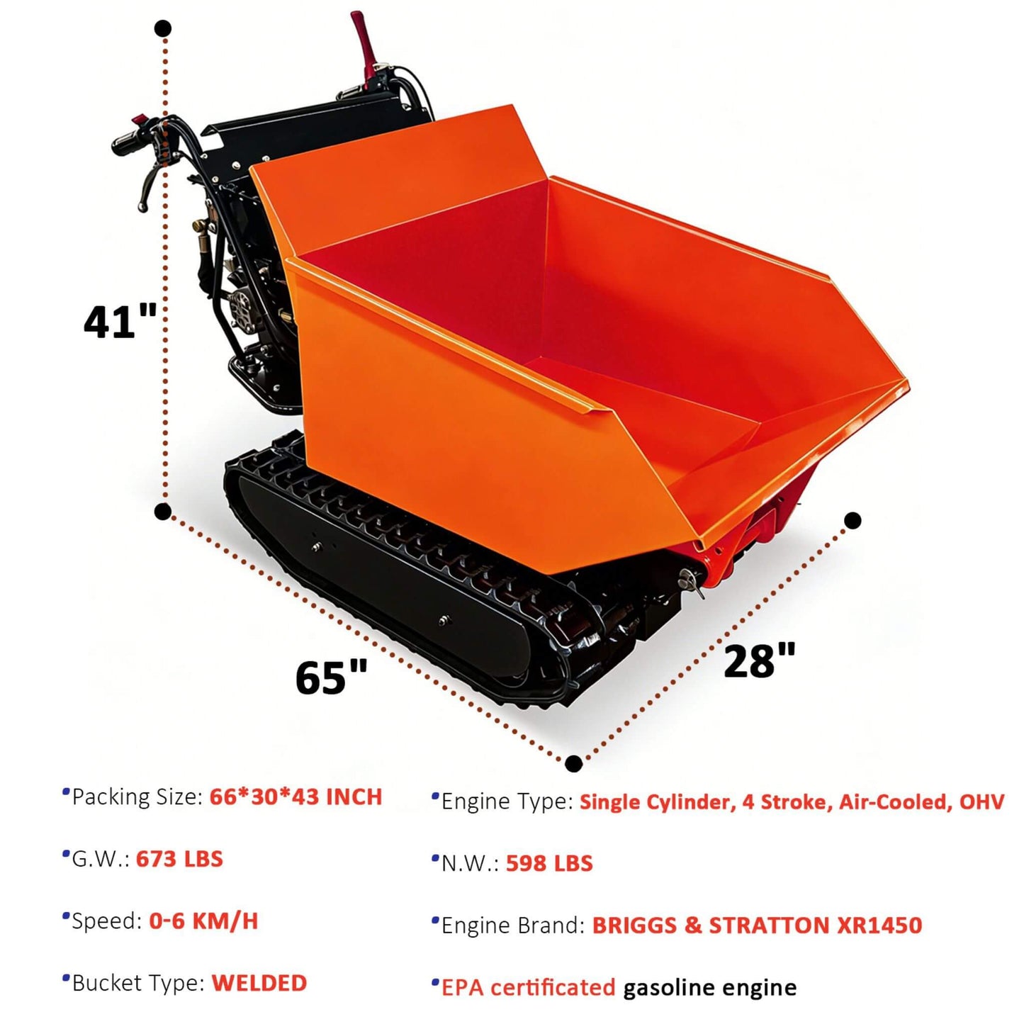 Heavy-Duty 1100LBS 10HP Gas-Powered Track Barrow with Hydraulic Assist