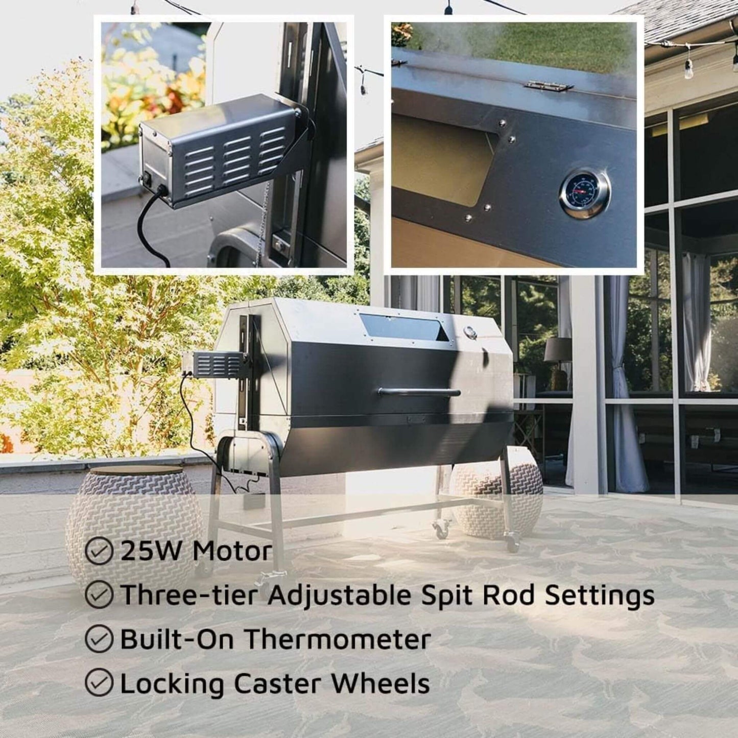 Heavy-Duty Commercial 125 LB Portable Electric Stainless Steel Hooded BBQ Rotisserie Grill with Viewing Window