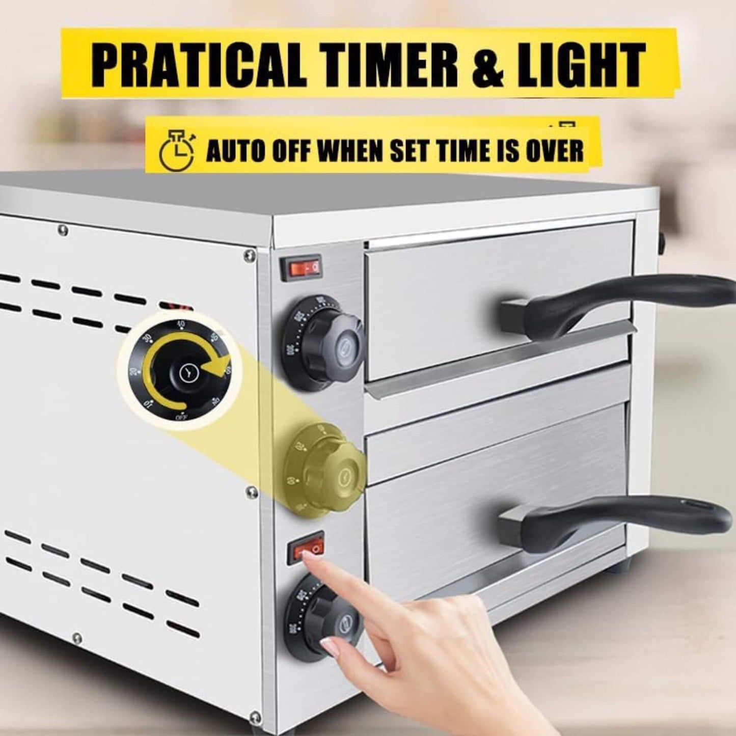 Heavy-Duty 14-Inch Commercial Stainless Steel Electric 2-Tier Tabletop Pizza Oven with Timer