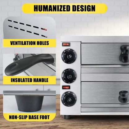 Heavy-Duty 14-Inch Commercial Stainless Steel Electric 2-Tier Tabletop Pizza Oven with Timer