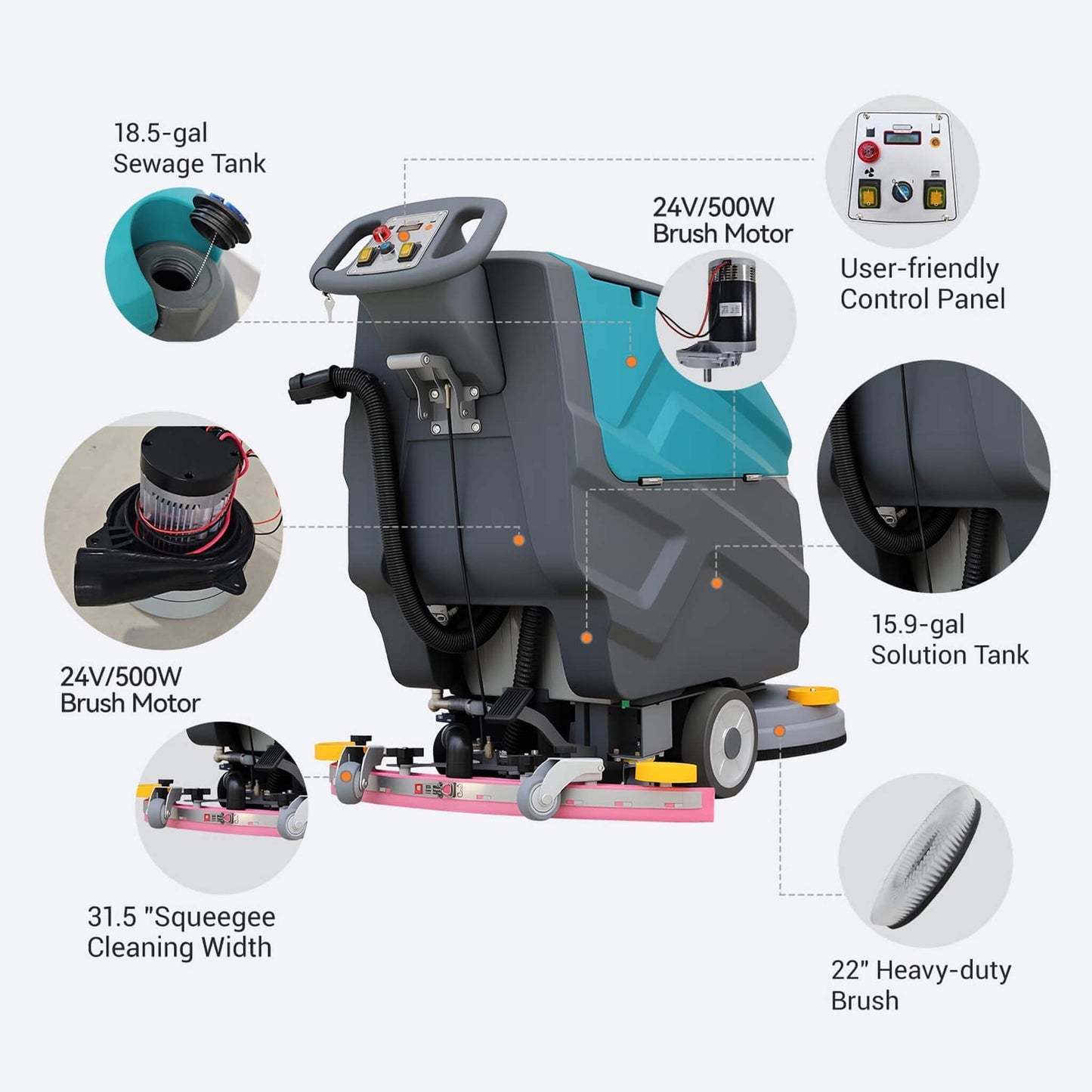 Heavy-Duty 22-Inch Industrial Walk-Behind Floor Scrubber with Squeegee Suction