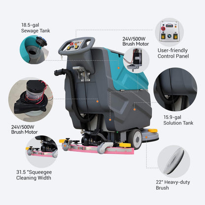 Heavy-Duty 22-Inch Industrial Walk-Behind Floor Scrubber with Squeegee Suction