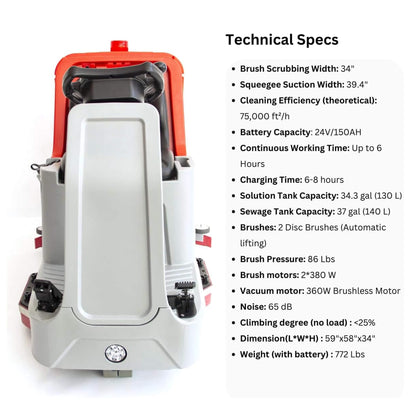 Heavy-Duty 34-Inch Industrial Ride-On Floor Scrubber Machine
