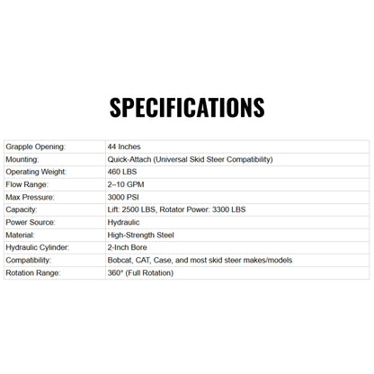 Heavy-Duty 360-Degree Rotating Log Grapple Skid Steer Attachment