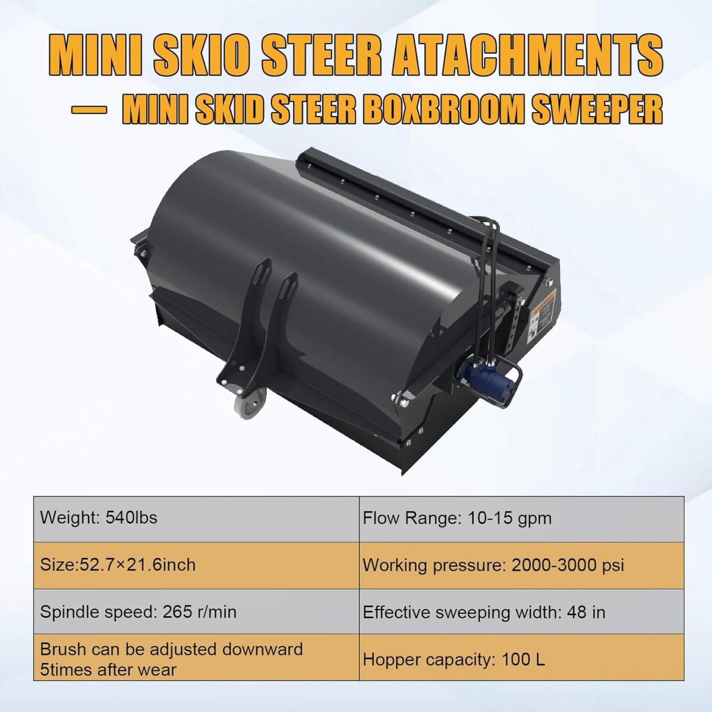 Heavy-Duty 48-Inch Mini Skid Steer Sweeper Attachment