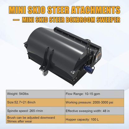 Heavy-Duty 48-Inch Mini Skid Steer Sweeper Attachment