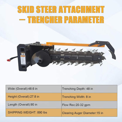 Heavy-Duty 48-Inch Skid Steer Attachment Trencher with Auger