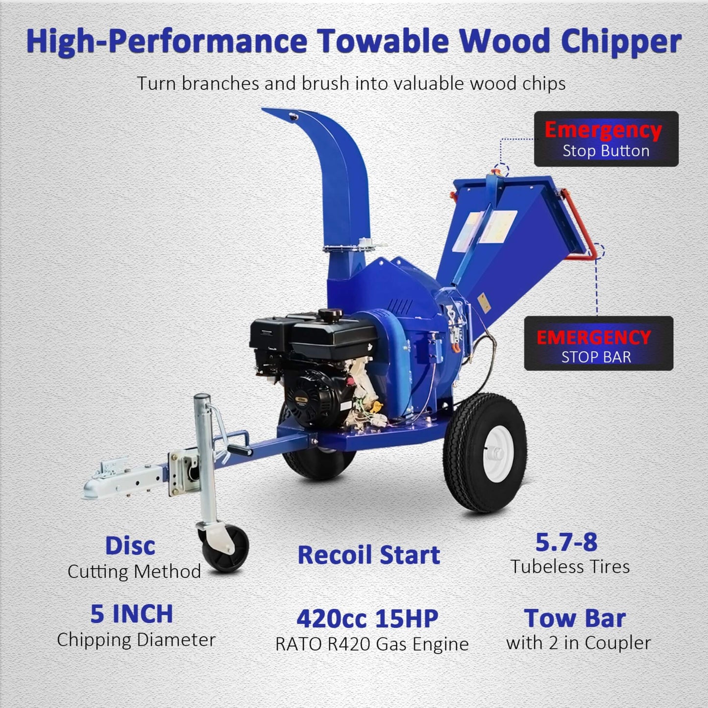 Heavy-Duty 5-Inch 15HP 420CC Gas Towable Disc Wood Chipper Shredder with Recoil Start