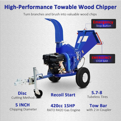 Heavy-Duty 5-Inch 15HP 420CC Gas Towable Disc Wood Chipper Shredder with Recoil Start