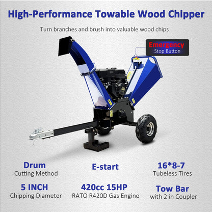 Heavy-Duty 5-Inch 15HP 420CC Gas Drum Wood Chipper Shredder with Electric Start and Tow Hitch
