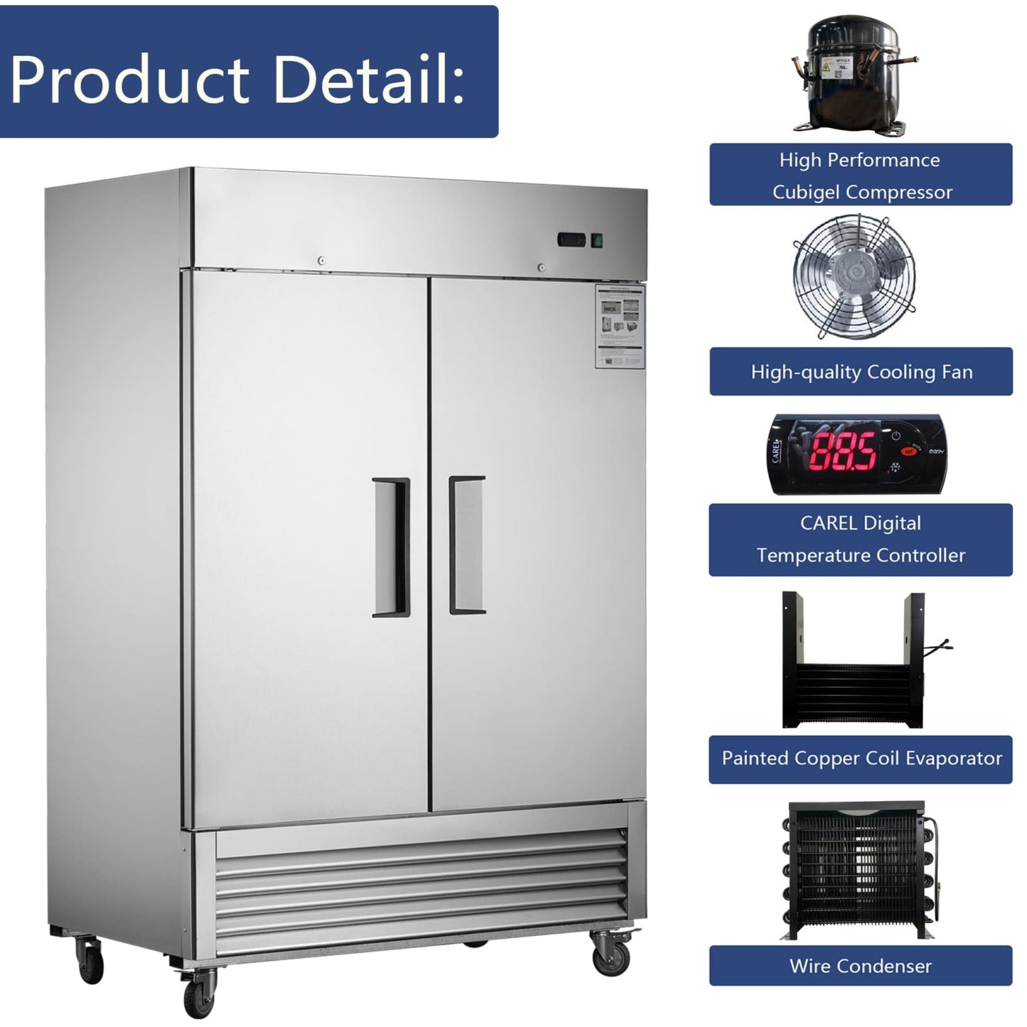 Heavy-Duty 54" Stainless Steel 2-Door Reach-In Upright Commercial Freezer