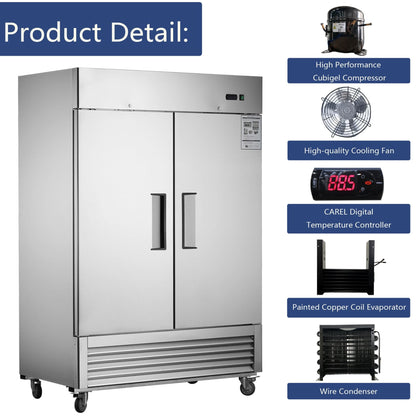 Heavy-Duty 54" Stainless Steel 2-Door Reach-In Upright Commercial Freezer