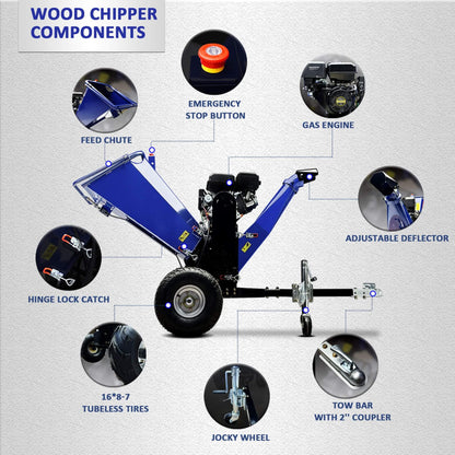 Heavy-Duty 6-Inch 15HP 420CC Towable Gas Drum Wood Chipper Shredder with Electric Start