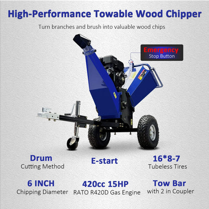 Heavy-Duty 6-Inch 15HP 420CC Towable Gas Drum Wood Chipper Shredder with Electric Start