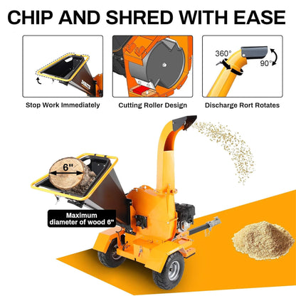 Heavy-Duty 6-Inch 420CC 15HP Towable Gas Wood Chipper Shredder