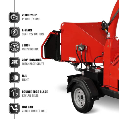 Heavy-Duty 7-Inch 750CC 25HP Hydraulic Feed Towable Electric Start Wood Chipper