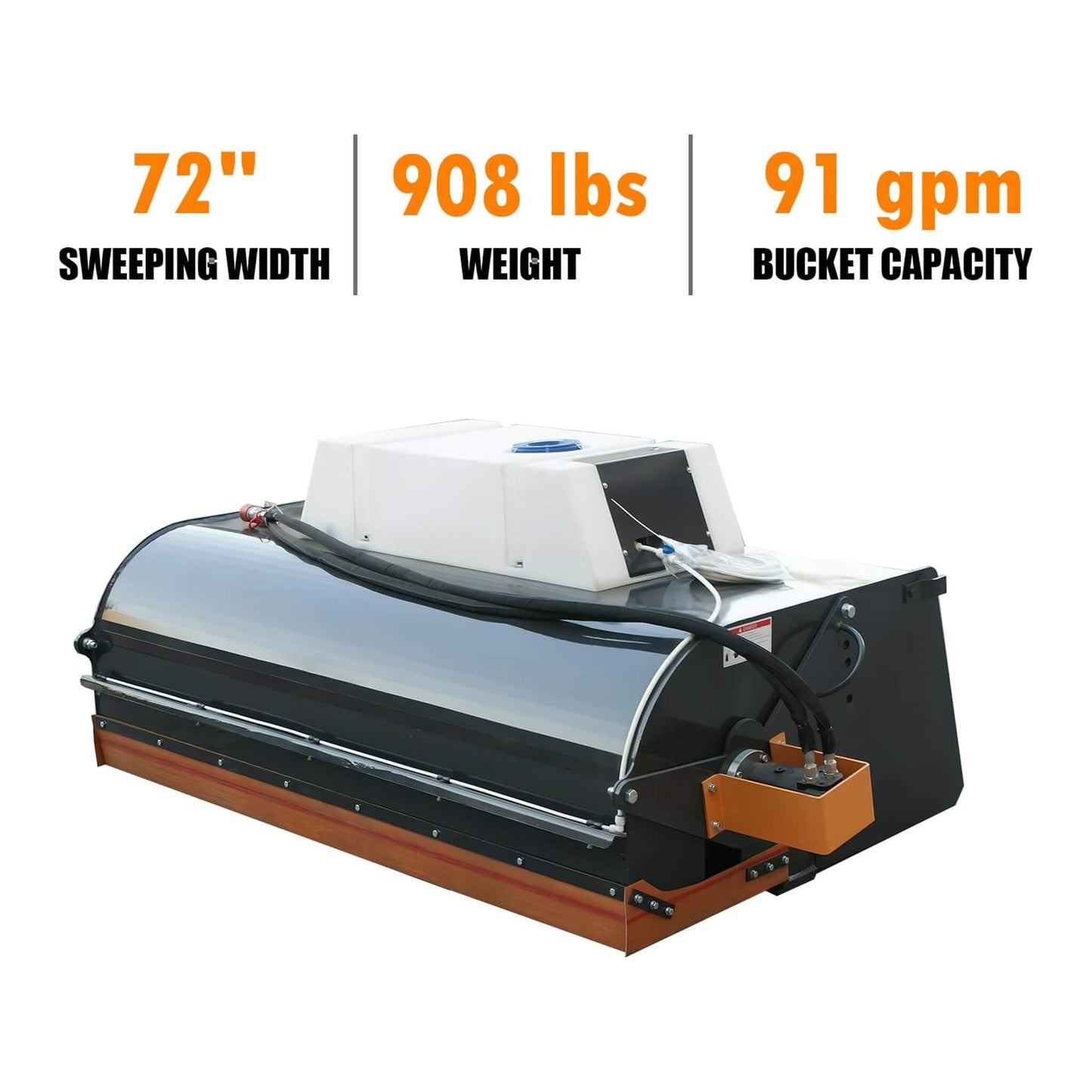 Heavy-Duty 72-Inch Hydraulic Drive Broom Sweeper Skid Steer Attachment with Water Tank