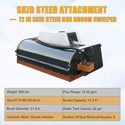 Heavy-Duty 72-Inch Hydraulic Drive Broom Sweeper Skid Steer Attachment with Water Tank
