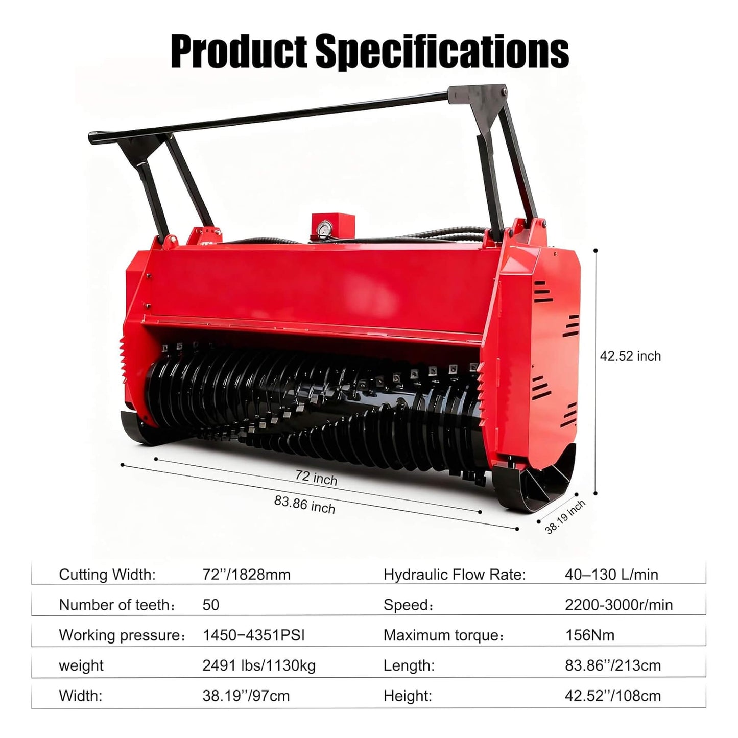 Heavy-Duty 72-Inch Hydraulic Forestry Mulcher Skid Steer Loader Attachment
