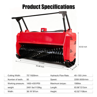 Heavy-Duty 72-Inch Hydraulic Forestry Mulcher Skid Steer Loader Attachment