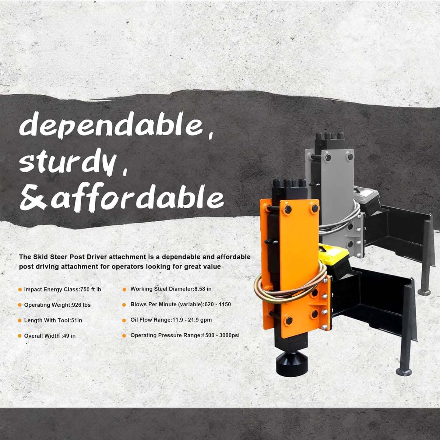 Heavy-Duty 750 FT-LB Hydraulic Skid Steer Pile Hammer Attachment