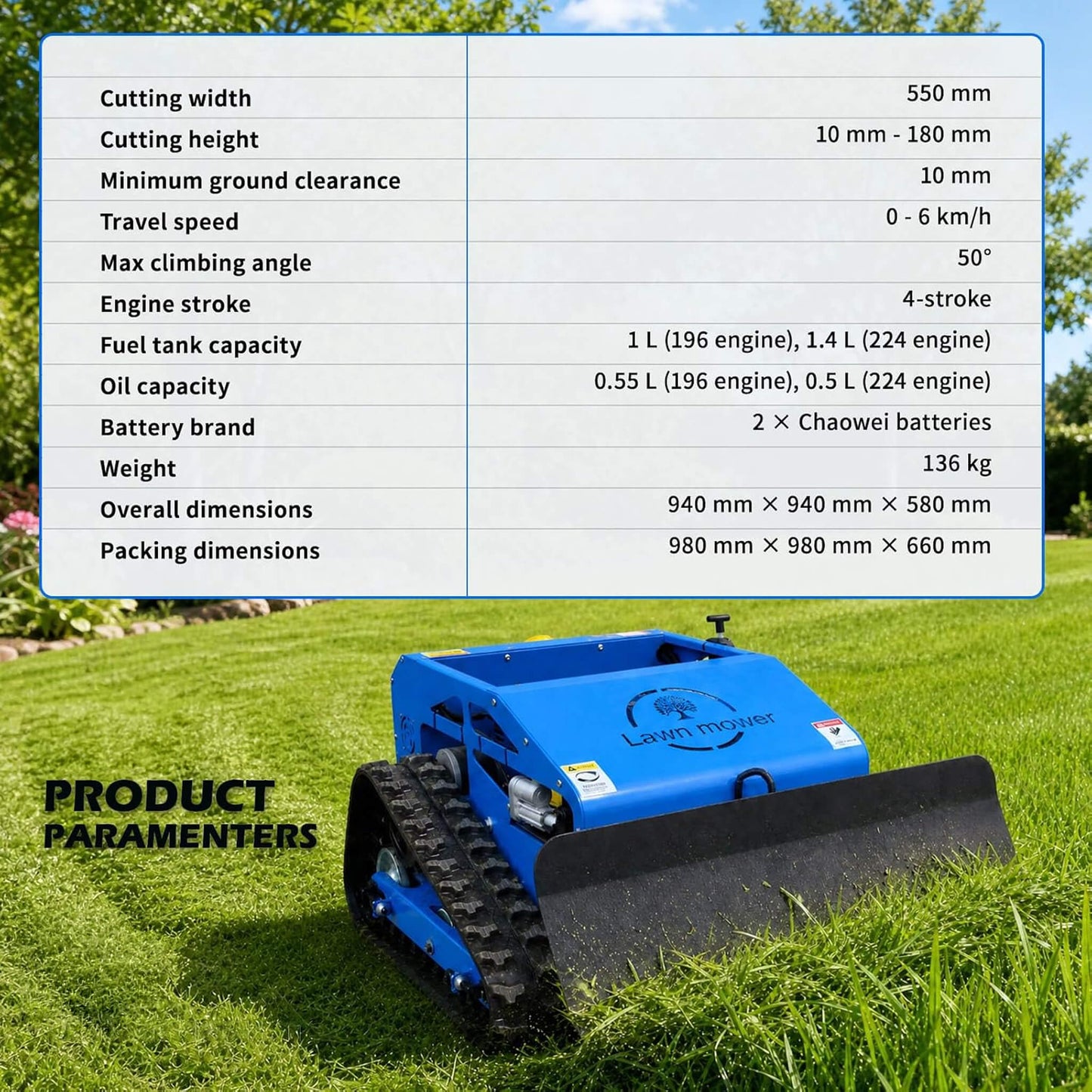 Heavy-Duty 9HP Remote-Controlled Track Gas Lawn Mower with Snow Plow
