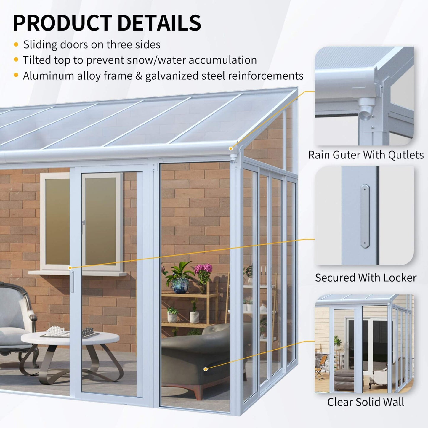 10FT x 14FT Heavy-Duty All-Season Aluminum Alloy Patio Sunroom with 3 Lockable Sliding Doors