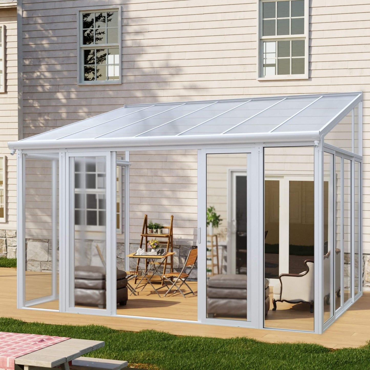 10FT x 14FT Heavy-Duty All-Season Aluminum Alloy Patio Sunroom with 3 Lockable Sliding Doors