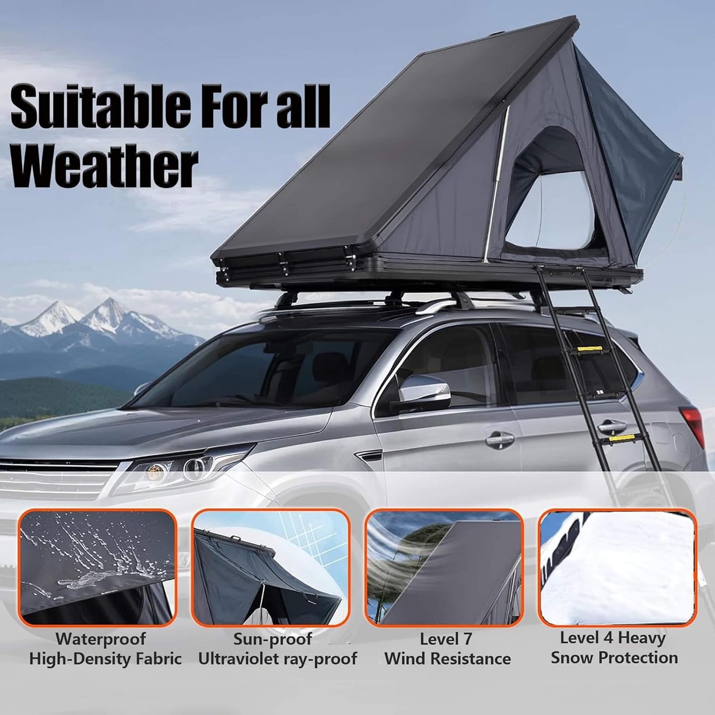 Trailora Ridge Heavy-Duty Aluminum Hard-Shell Rooftop Tent with Ladder, LED Lighting, and Memory Foam Mattress