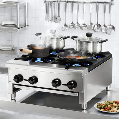 Heavy-Duty Commercial 112K BTU 4-Burner Stainless Steel Gas Stove Hot Plate
