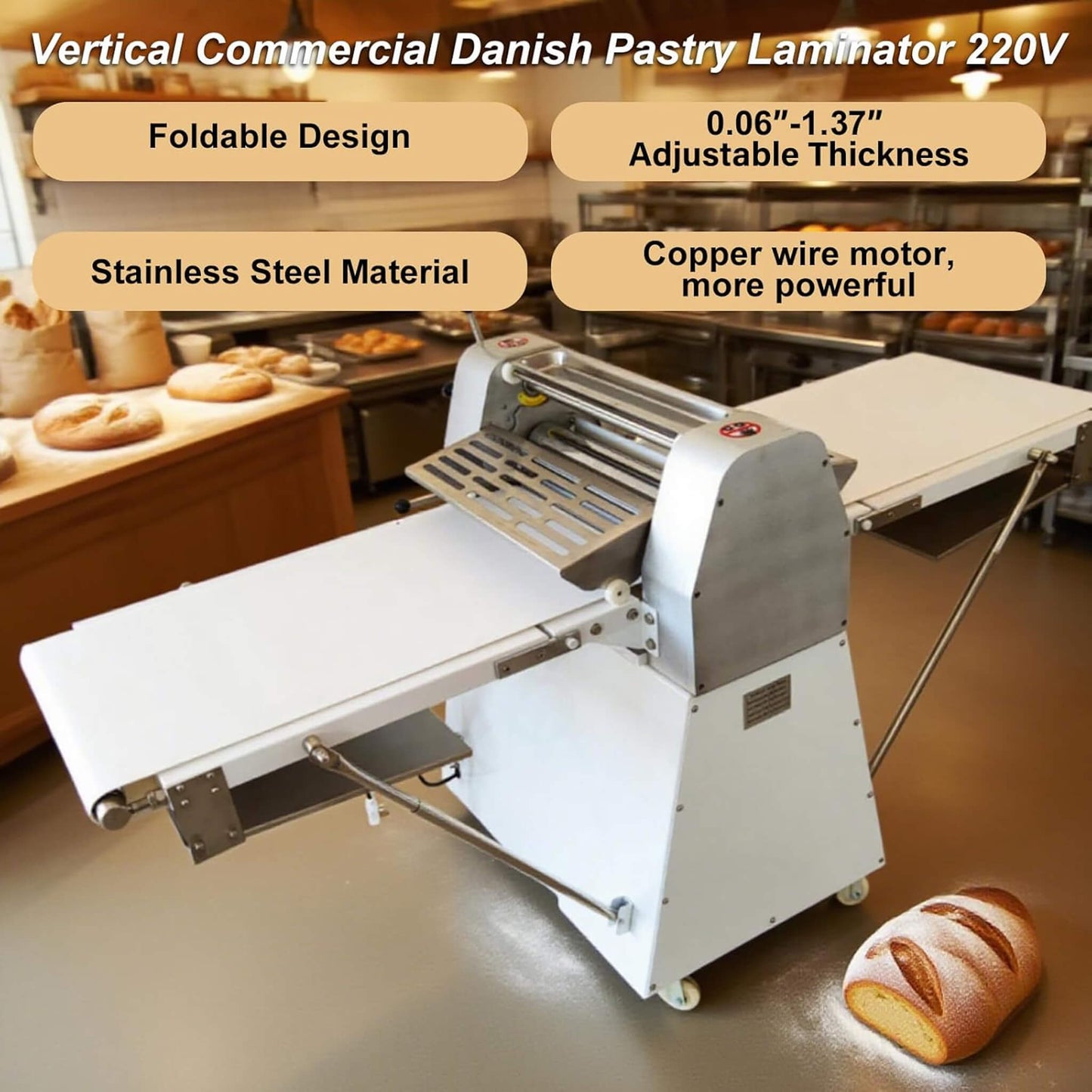 Heavy-Duty Commercial 220V Electric Dough Sheeter Machine with Adjustable Thickness