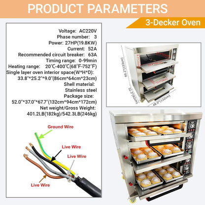 Heavy Duty Commercial Triple Deck 220V 19.8KW Electric Pizza Oven