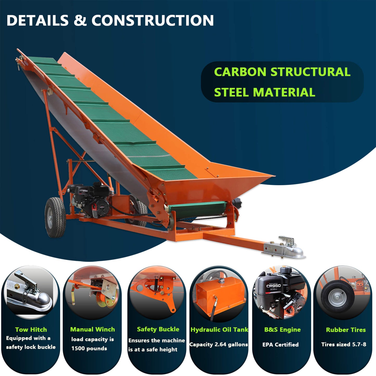 Heavy-Duty Commercial 6.5HP Gasoline Hydraulic High-Speed Wood Conveyor