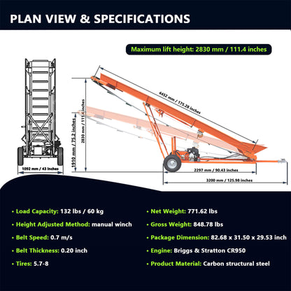 Heavy-Duty Commercial 6.5HP Gasoline Hydraulic High-Speed Wood Conveyor