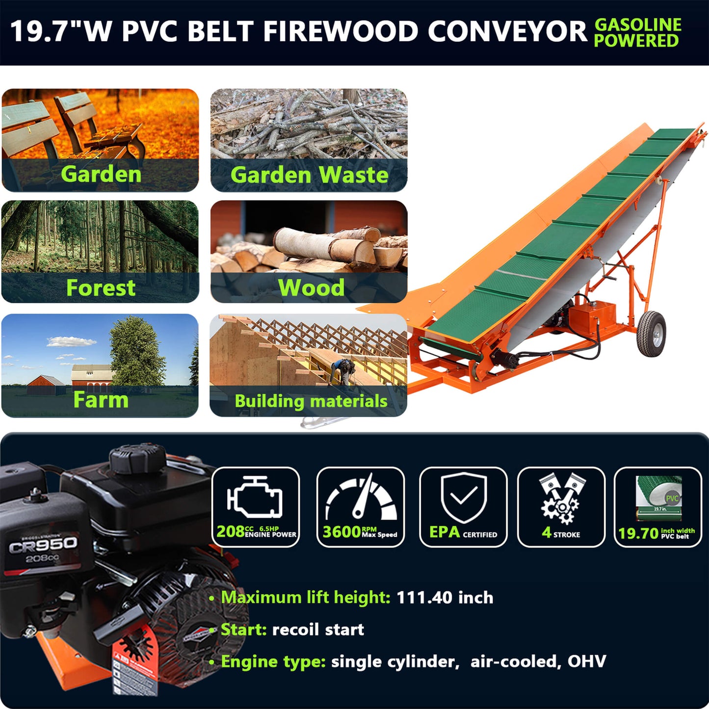 Heavy-Duty Commercial 6.5HP Gasoline Hydraulic High-Speed Wood Conveyor