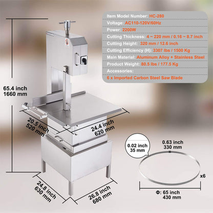 Heavy Duty Commercial Electric Meat Bone Saw Cutting Band Machine With 6 Saw Blades 2200W