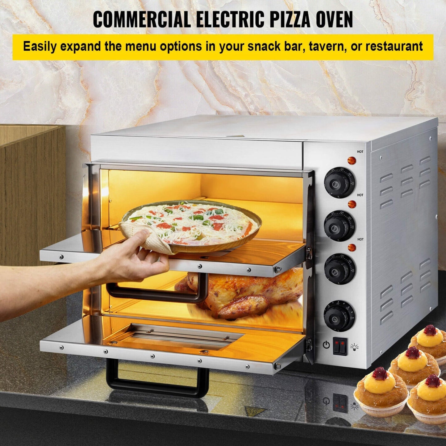 Heavy-Duty Electric Indoor Commercial Countertop Double Deck Pizza Oven 2000W