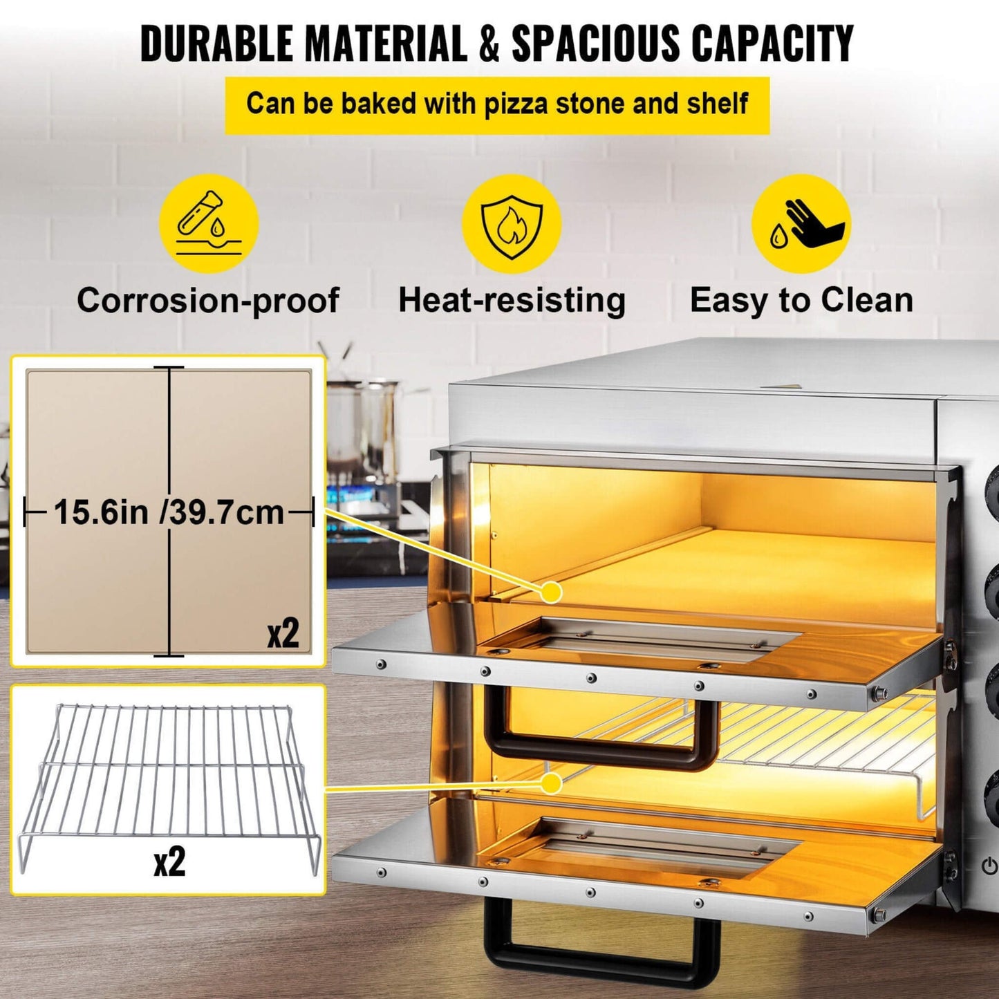 Heavy-Duty Electric Indoor Commercial Countertop Double Deck Pizza Oven 2000W