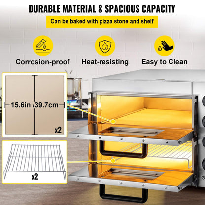 Heavy-Duty Electric Indoor Commercial Countertop Double Deck Pizza Oven 2000W