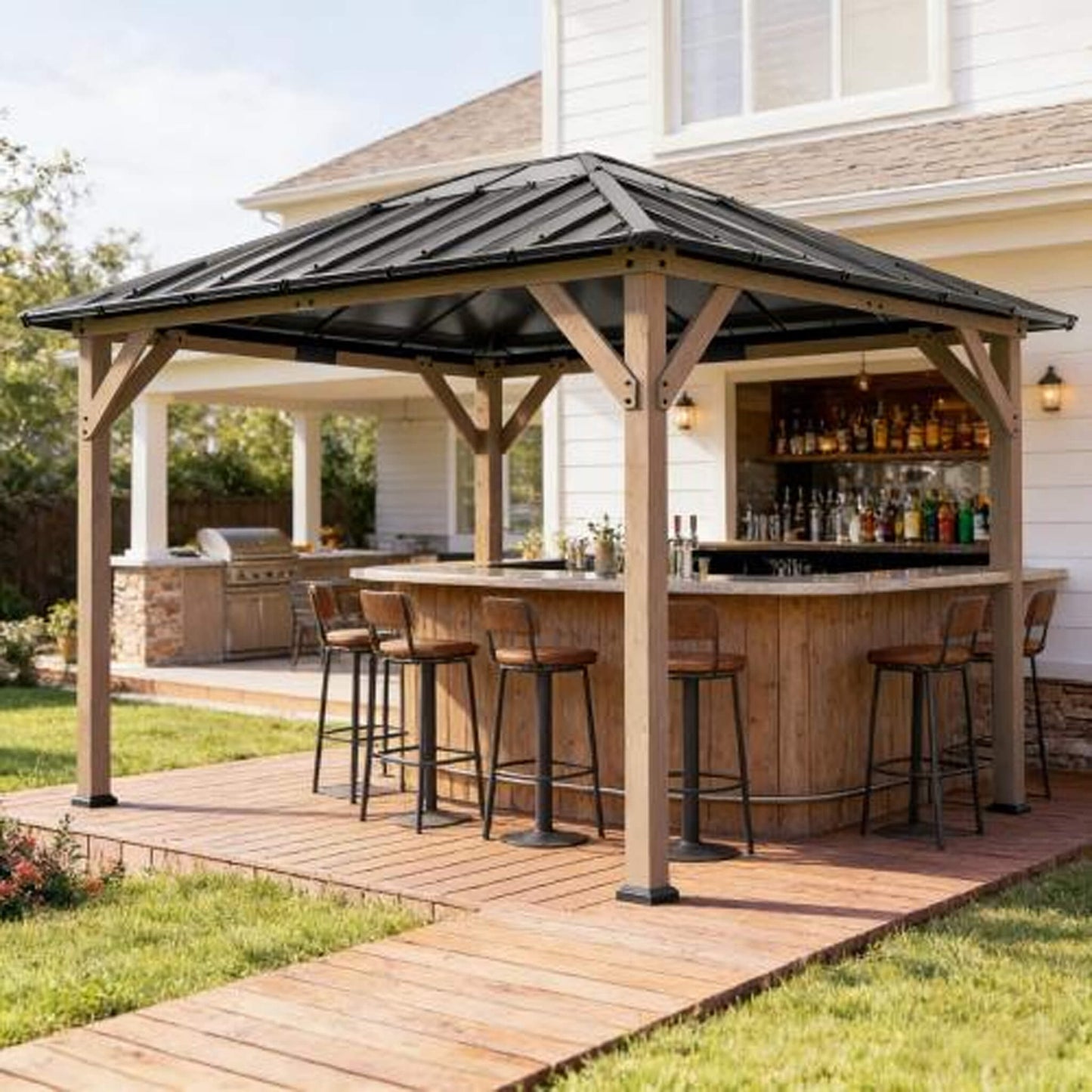 8FT X 10FT Alora Heavy-Duty Fir Wood Hardtop Gazebo with Galvanized Steel Roof and Ceiling Hooks