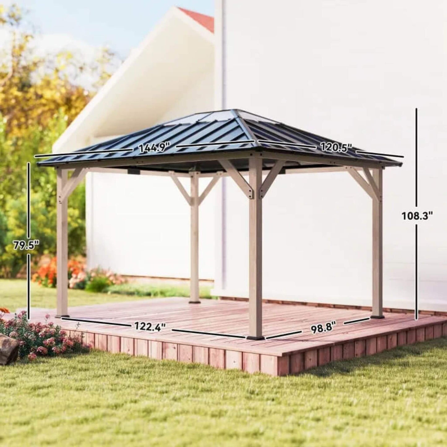 8FT X 10FT Alora Heavy-Duty Fir Wood Hardtop Gazebo with Galvanized Steel Roof and Ceiling Hooks