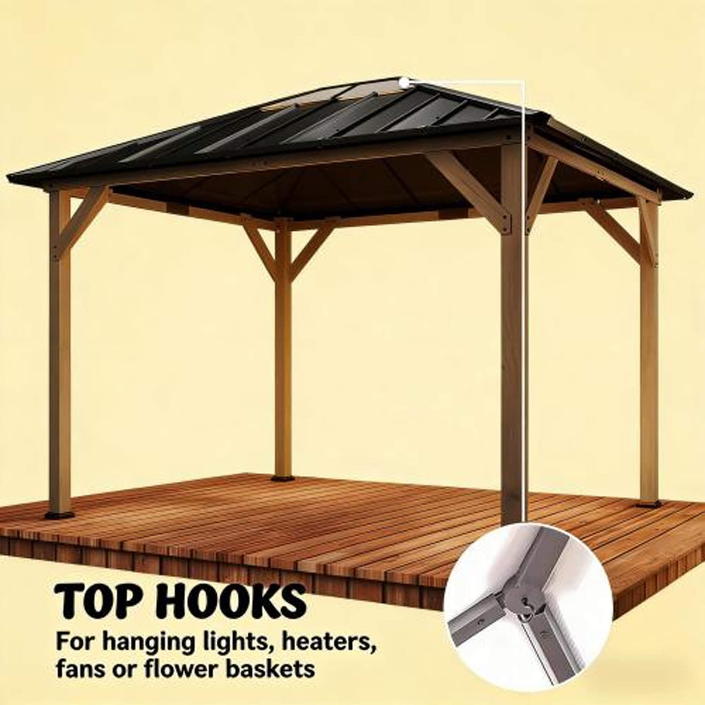 8FT X 10FT Alora Heavy-Duty Fir Wood Hardtop Gazebo with Galvanized Steel Roof and Ceiling Hooks