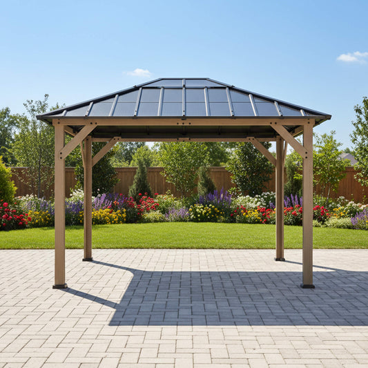 8FT X 10FT Alora Heavy-Duty Fir Wood Hardtop Gazebo with Galvanized Steel Roof and Ceiling Hooks