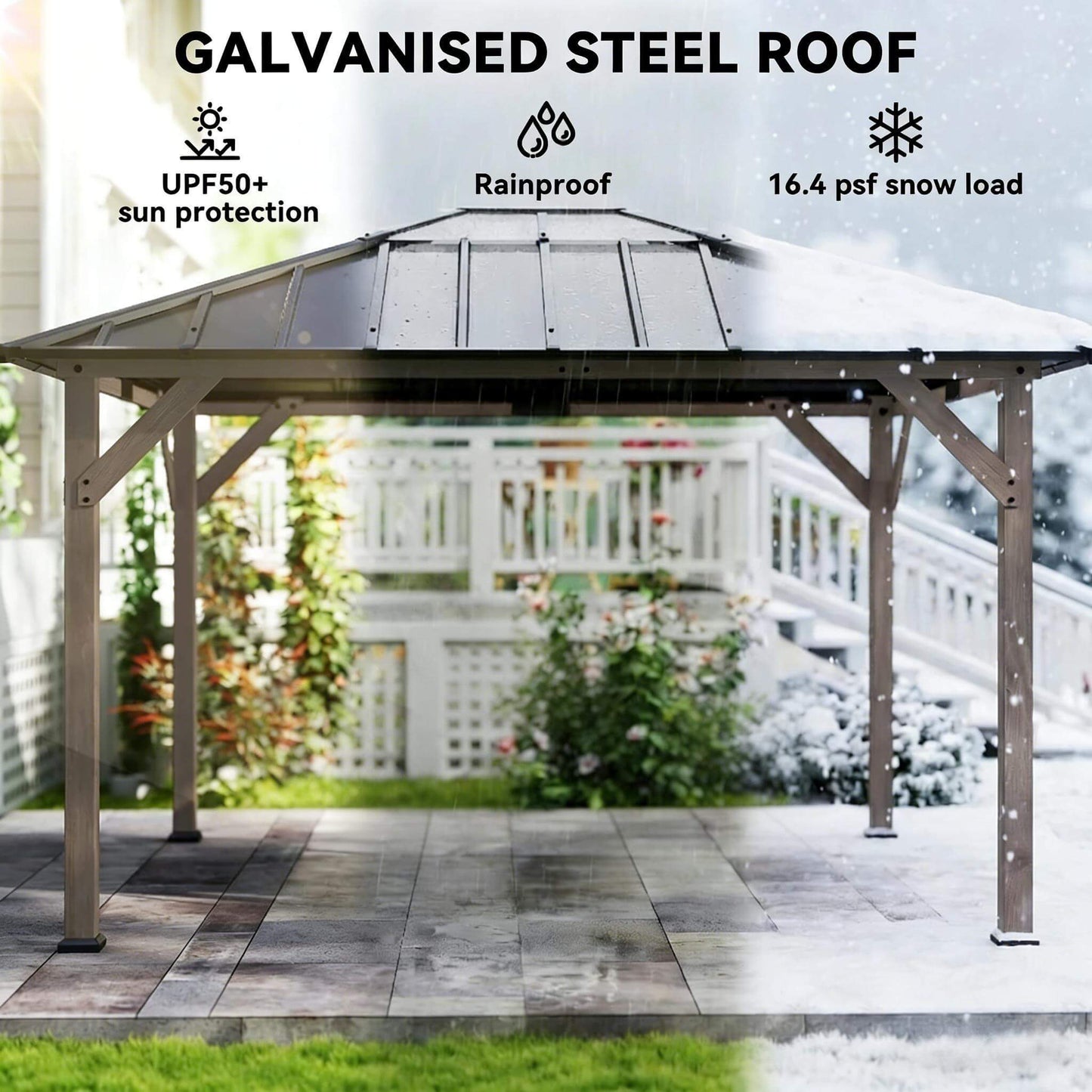 8FT X 10FT Alora Heavy-Duty Fir Wood Hardtop Gazebo with Galvanized Steel Roof and Ceiling Hooks