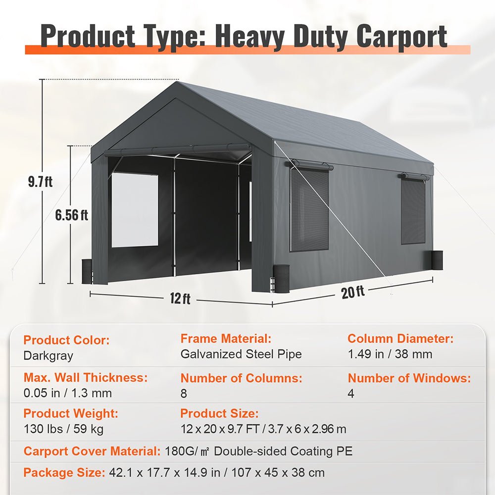 12' x 20' FT Alora Heavy-Duty Outdoor Premium Garage Tarp Canopy Shelter W/ Removable Sidewalls